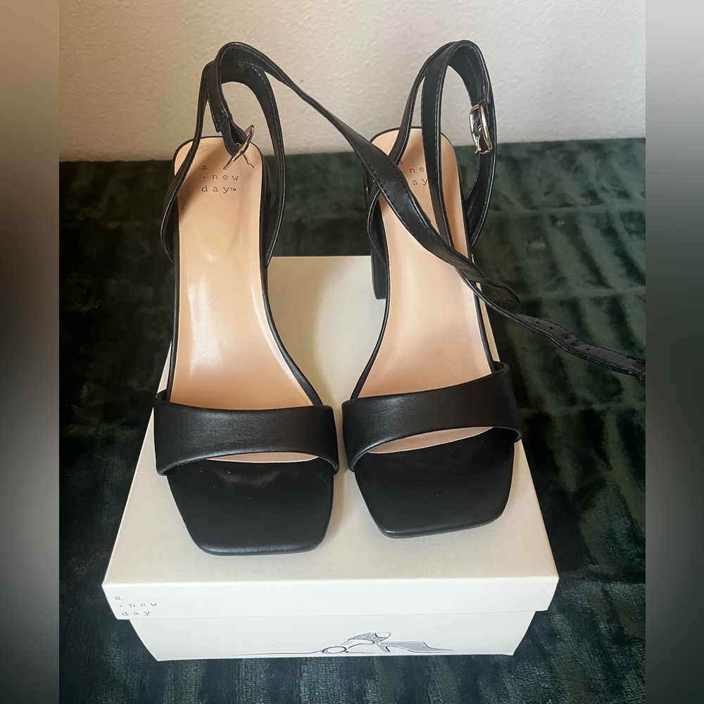 A New Day Black Heeled Sandals with Square Toe